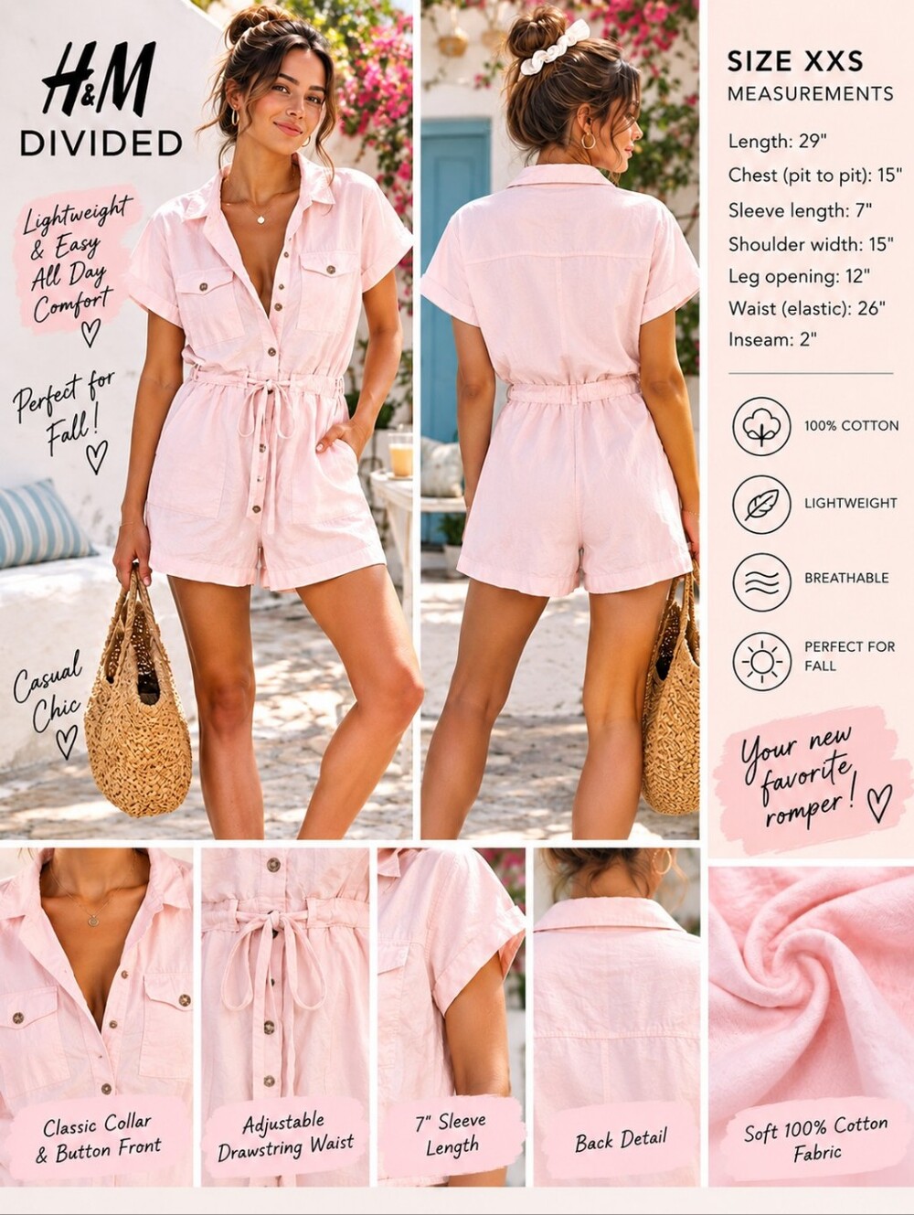 H&M Divided Light Pink 100% Cotton Romper XXS Belted Button Front Utility Chic